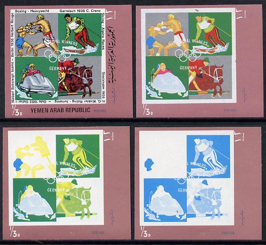 Yemen - Republic 1970 German Olympic Gold Medal Winners 1/3b (Boxing, Alpine Racing, Show Jumping & Bobsleigh) set of 4 imperf progressive proofs comprising 2, 3, 4 and all 5-colour composites, a superb and important group unmounted mint (as Mi 1271)