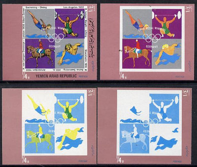 Yemen - Republic 1970 German Olympic Gold Medal Winners 1/4b (Diving, Weight Lifting, Swimming & Dressage) set of 4 imperf progressive proofs comprising 2, 3, 4 and all 5-colour composites, a superb and important group unmounted mint (as Mi 1270)