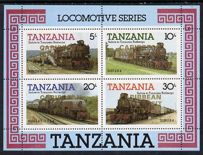 Tanzania 1985 Locomotives perf miniature sheet with 'Caribbean Royal Visit 1985' opt in gold (unissued) unmounted mint