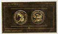 Staffa 1980 US Coins (1808 Quarter Eagle $2.5 coin both sides) on £8 perf label embossed in 22 carat gold foil (Rosen 890) unmounted mint