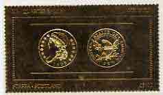 Staffa 1980 US Coins (1808 Quarter Eagle $2.5 coin both sides) on £8 perf label embossed in 22 carat gold foil (Rosen 890) unmounted mint