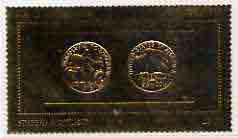 Staffa 1980 US Coins (1915 Quarter Eagle $2.5 coin both sides) on £8 perf label embossed in 22 carat gold foil (Rosen 899) unmounted mint