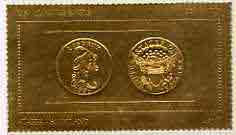 Staffa 1980 US Coins (1796 Quarter Eagle $2.5 coin both sides) on £8 perf label embossed in 22 carat gold foil (Rosen 887) unmounted mint
