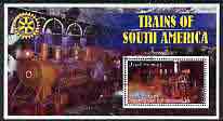 Somalia 2002 Trains of South America perf s/sheet with Rotary Logo in background, fine cto used