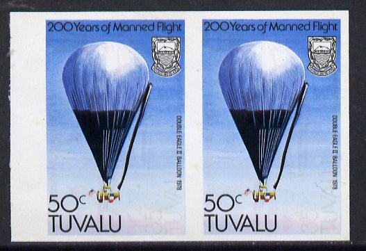 Tuvalu 1983 Manned Flight 50c (Double Eagle II Balloon) imperf pair with feint offset of 35c on front unmounted mint, (as SG 228)