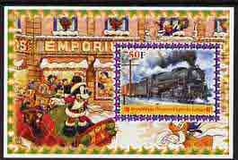 Congo 2005 Steam Locos #04 perf s/sheet with Disney characters in background cto used