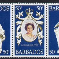 Barbados 1978 Coronation 25th Anniversary strip of 3 (QEII & Pelican) unmounted mint SG 597-9
