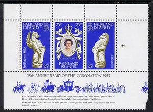 Falkland Islands 1978 Coronation 25th Anniversary strip of 3 (QEII, Dragon & Ram) unmounted mint SG 348-50