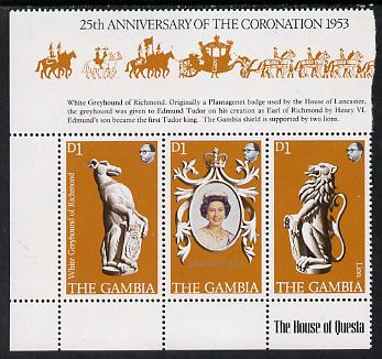 Gambia 1978 Coronation 25th Anniversary strip of 3 (QEII, Lion & Greyhound) SG 397-99 unmounted mint