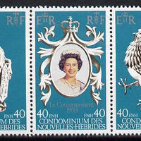 New Hebrides - French 1978 Coronation 25th Anniversary strip of 3 (QEII, White Horse & Cock) SG F 276-78 unmounted mint