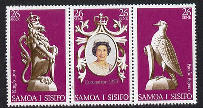 Samoa 1978 Coronation 25th Anniversary strip of 3 (QEII, Pigeon & Lion) unmounted mint SG 508-10