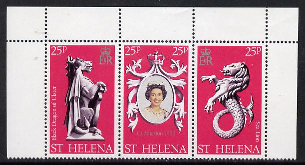 St Helena 1978 Coronation 25th Anniversary strip of 3 (QEII, Dragon & Sea Lion) SG 338-40 unmounted mint