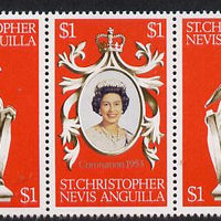St Kitts-Nevis 1978 Coronation 25th Anniversary strip of 3 (QEII, Falcon & Pelican) unmounted mint SG 389-91