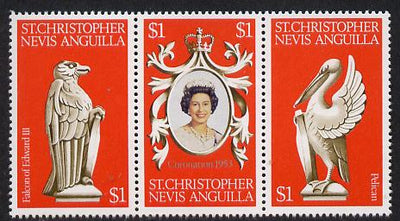 St Kitts-Nevis 1978 Coronation 25th Anniversary strip of 3 (QEII, Falcon & Pelican) unmounted mint SG 389-91