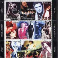 Turkmenistan 1999 Millennium Personalities (Films & Sport) perf sheetlet containing set of 9 fine cto used (Fred & Ginger, Pavarotti, Elvis, Beatles, Marilyn, Chaplin, Ali, W C Grace, etc)