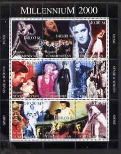 Turkmenistan 1999 Millennium Personalities (Films & Sport) perf sheetlet containing set of 9 fine cto used (Fred & Ginger, Pavarotti, Elvis, Beatles, Marilyn, Chaplin, Ali, W C Grace, etc)