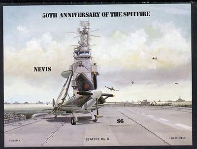 Nevis 1986 Spitfire (Seafire) on Aircraft Carrier $6 m/sheet imperf unmounted mint as SG MS 376