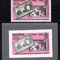 Nigeria 1984 25th Anniversary of Central Bank imperf stamp-sized machine proof of 30k value mounted on small grey card as submitted for approval, similar to issued stamp but design not so clear, possibly UNIQUE plus issued stamp SG 475
