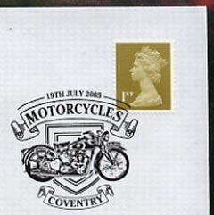 Postmark - Great Britain 2005 cover celebrating Mororcycles with illustrated Coventry cancel (showing a Triumph)
