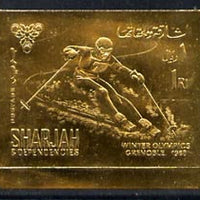 Sharjah 1968 Grenoble Winter Olympics 1R Skiing (Postage) embossed in gold foil, imperf unmounted mint, Mi 464B