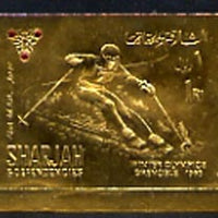 Sharjah 1968 Grenoble Winter Olympics 1R Skiing (Airmail) embossed in gold foil, imperf unmounted mint, Mi A464B