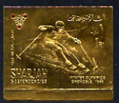 Sharjah 1968 Grenoble Winter Olympics 1R Skiing (Airmail) embossed in gold foil, imperf unmounted mint, Mi A464B