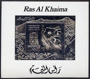 Ras Al Khaima 1972 Sapporo Winter Olympics 10R Ice Hockey & Helleborus deluxe m/sheet embossed in silver foil on shiny card, unmounted mint