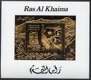 Ras Al Khaima 1972 Sapporo Winter Olympics 10R Ice Hockey & Helleborus deluxe m/sheet embossed in gold foil on shiny card, unmounted mint