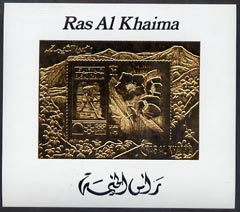 Ras Al Khaima 1972 Sapporo Winter Olympics 10R Ice Hockey & Helleborus deluxe m/sheet embossed in gold foil on shiny card, unmounted mint