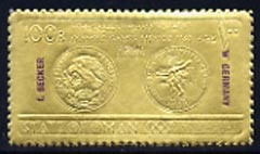 Oman 1968 Olympic Games 100B (Olympic Medal) embossed on gold foil opt'd 'I Becker, W Germany' in purple (athletics) unmounted mint