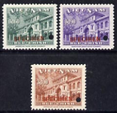Vietnam 1956 Entry into UPU set of 3 each with small security puncture and overprinted SPECIMEN, from the single ABNCo archive sheet, unmounted mint & exceptionally rare