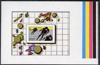 Upper Volta 1980 Lake Placid Winter Olympics imperf master proof containing 500f m/sheet on gummed paper showing solid colour bars, rare