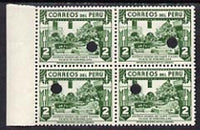 Peru 1938 Fig Tree 2s perforated proof block of 4 in near issued colour each stamp with Waterlow’s security puncture