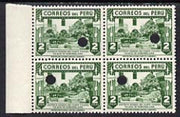 Peru 1938 Fig Tree 2s perforated proof block of 4 in near issued colour each stamp with Waterlow’s security puncture