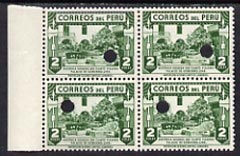 Peru 1938 Fig Tree 2s perforated proof block of 4 in near issued colour each stamp with Waterlow’s security puncture