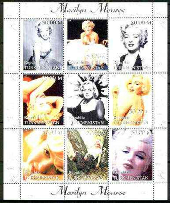 Turkmenistan 1999 Marilyn Monroe perf sheetlet containing complete set of 9 values unmounted mint