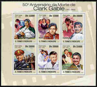 St Thomas & Prince Islands 2010 50th Anniversary of Death of Clark Gable perf sheetlet containing 6 values unmounted mint