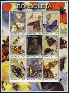 Angola 2000 Butterflies perf sheetlet #01 containing set of 9 values each with Rotary & Scouts Logos, unmounted mint