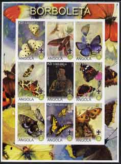 Angola 2000 Butterflies imperf sheetlet #01 containing set of 9 values each with Rotary & Scouts Logos, unmounted mint