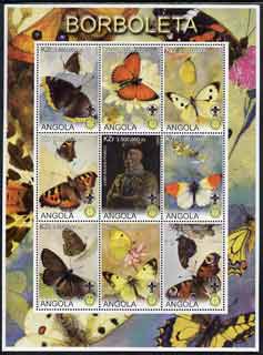 Angola 2000 Butterflies perf sheetlet #02 containing set of 9 values each with Rotary & Scouts Logos, unmounted mint