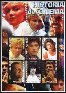 Angola 2002 History of the Cinema #02 large imperf sheetlet containing set of 6 values unmounted mint (Robert Redford, Al Pacino, John Travolta, Jack Nicholson, Robert De Niro & Clint Eastwood)