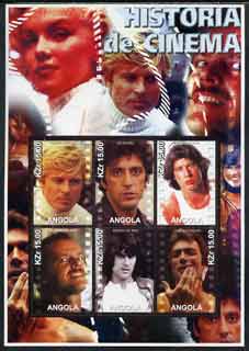 Angola 2002 History of the Cinema #02 large perf sheetlet containing set of 6 values unmounted mint (Robert Redford, Al Pacino, John Travolta, Jack Nicholson, Robert De Niro & Clint Eastwood)