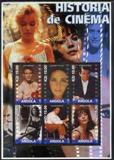 Angola 2002 History of the Cinema #03 large perf sheetlet containing set of 6 values unmounted mint (Paul Newman, Liz Taylor, Gregory Peck (inscribed Steve McQueen in error) Sophia Loren, Richard Burton & Natilie Wood)