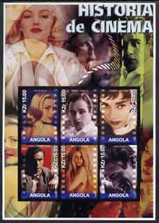 Angola 2002 History of the Cinema #04 large imperf sheetlet containing set of 6 values unmounted mint (Grace Kelly, Marlon Brando, Audrey Hepburn, Montgomery Clift, Brigitte Bardot & James Dean)