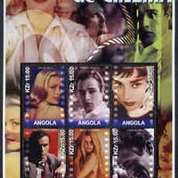 Angola 2002 History of the Cinema #04 large perf sheetlet containing set of 6 values unmounted mint (Grace Kelly, Marlon Brando, Audrey Hepburn, Montgomery Clift, Brigitte Bardot & James Dean)