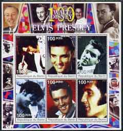 Benin 2002 Birth Centenary of Walt Disney perf sheetlet containing 6 values showing Elvis (with Disney in borders) unmounted mint