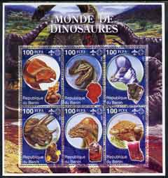 Benin 2002 World of Dinosaurs (& Minerals) perf sheetlet containing set of 6 values each with Scout Logo unmounted mint