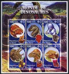 Benin 2002 World of Dinosaurs (& Minerals) imperf sheetlet containing set of 6 values each with Scout Logo unmounted mint