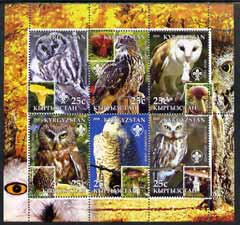 Kyrgyzstan 2005 Owls & Fungi perf sheetlet containing set of 6, each with Scout Logo, unmounted mint