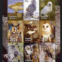 Chad 2004 Owls perf sheetlet containing 9 values each with Rotary or Lions Int Logos fine cto used